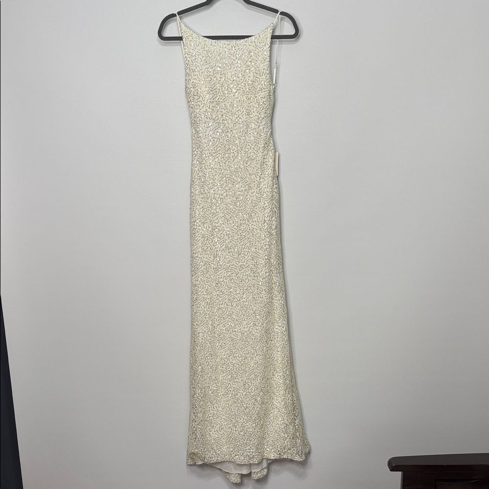NWT B. Darlin Ivory and Gold Backless Evening Gown Size 3/4